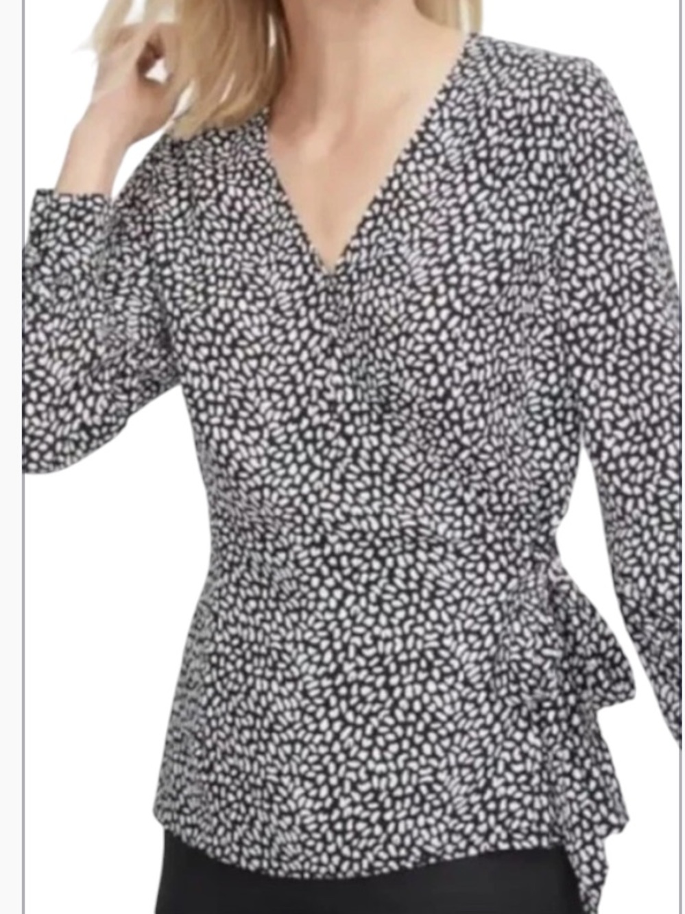 Talbots Black & White Patterned V-Neck Wrap Blouse - Women Tops